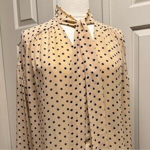 Women’s Warm Tan and Deep Navy Polka Dot Tie-Neck Blouse